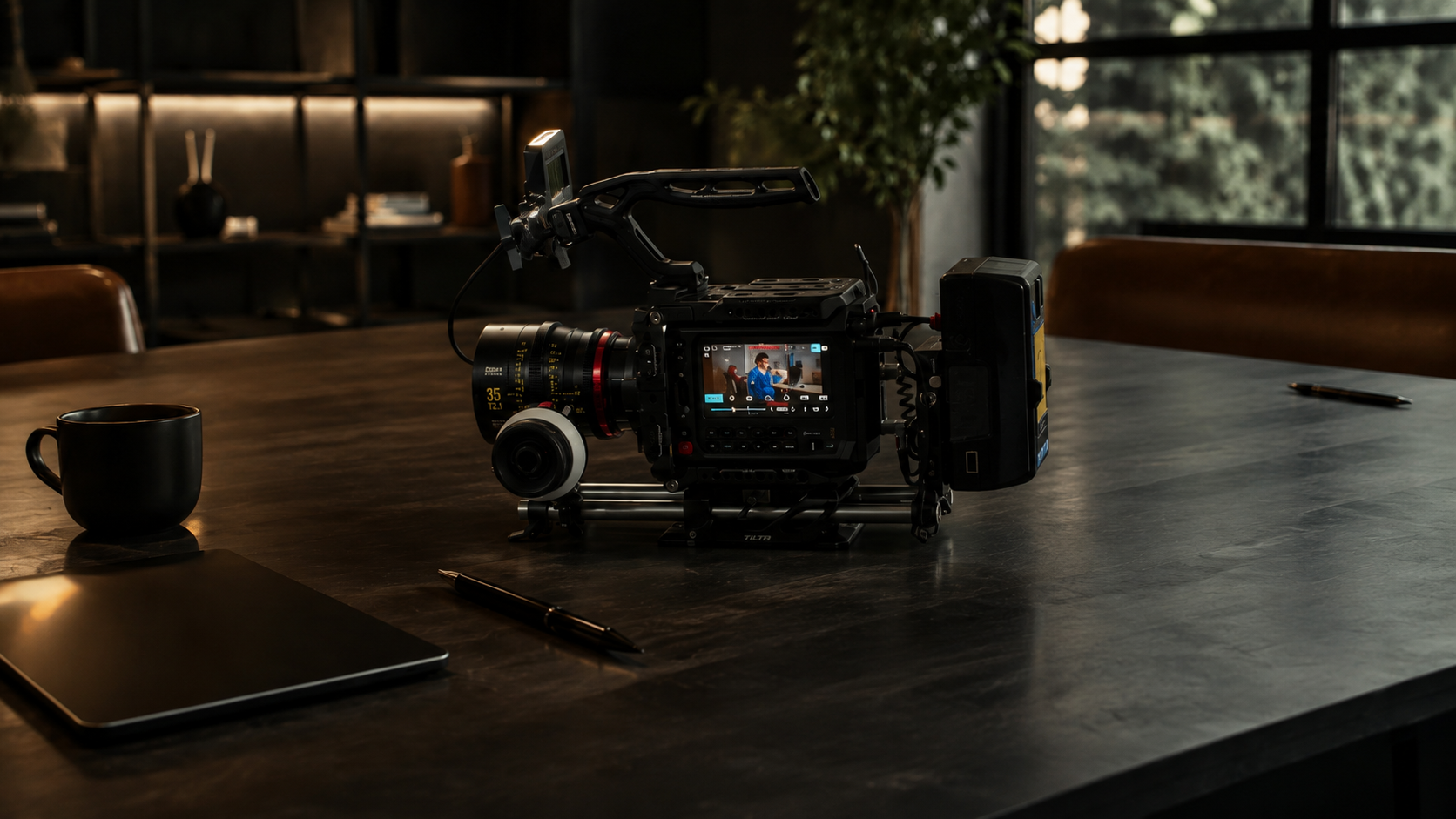 Câmera de cinema sobre mesa em ambiente premium de planejamento audiovisual